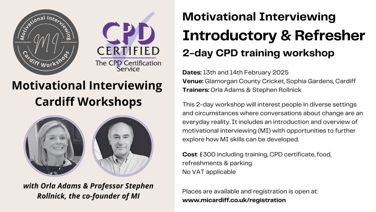 Cardiff MI Workshops (@micardiff) on Twitter photo Motivational Interviewing Training: 
Introductory & Refresher
In-person CPD workshop
13th & 14th February 2025
Cardiff, Wales, UK
With Orla Adams & Prof Stephen Rollnick
Book via our website:
micardiff.co.uk 
#MI #Motivational_Interviewing #MotivationalInterviewing Motivational Interviewing Training: 
Introductory & Refresher
In-person CPD workshop
13th & 14th February 2025
Cardiff, Wales, UK
With Orla Adams & Prof Stephen Rollnick
Book via our website:
micardiff.co.uk 
#MI #Motivational_Interviewing #MotivationalInterviewing