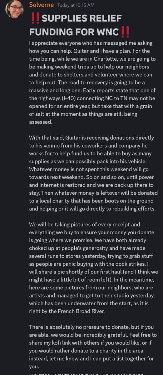 Click to enlarge the entire picture, but this is Guitar and I's plan for helping our area that has been devastated by Hurricane Helene.

Kofi link: ko-fi.com/solverne