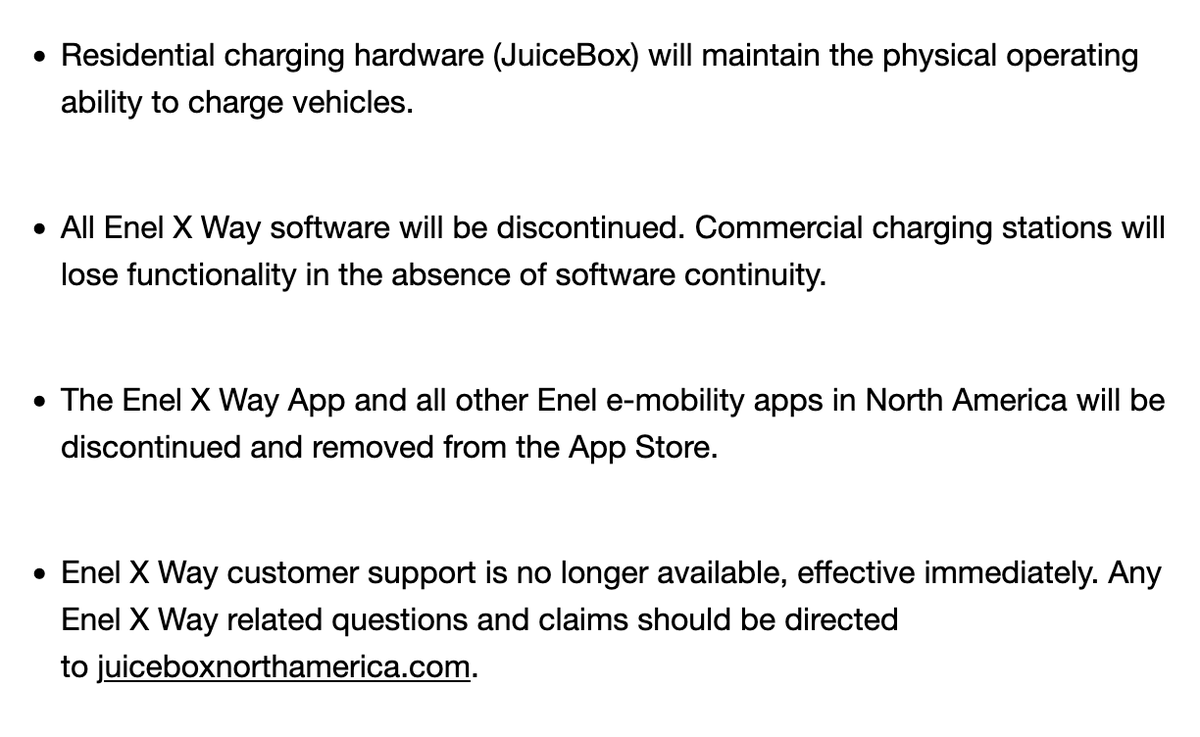 Not a great look for the EV industry. Enel X USA @enelxwayna is shutting down, apparently abandoning all commercial customers. No mention of even trying to find someone else to take over the cloud backend. mailchi.mp/98005631c04f/c… <a href="/brandenflasch/">Branden Flasch</a> <a href="/itskyleconner/">Kyle Conner</a>