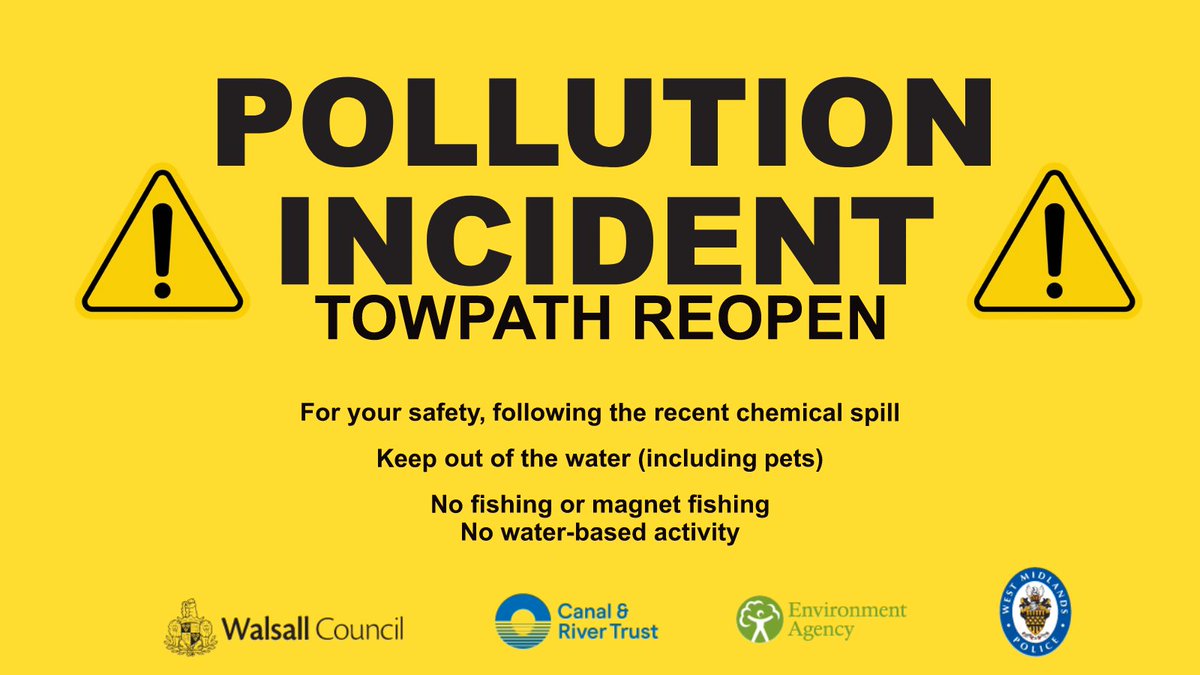⚠️ Update: Toxic chemical spillage - 02.10.24 

We are pleased to announce that a section of the previously closed canal towpath through Pleck will re-open for public use from tomorrow, Thursday 3 October 2024.

🧵⬇️More information in the thread below (1/4)