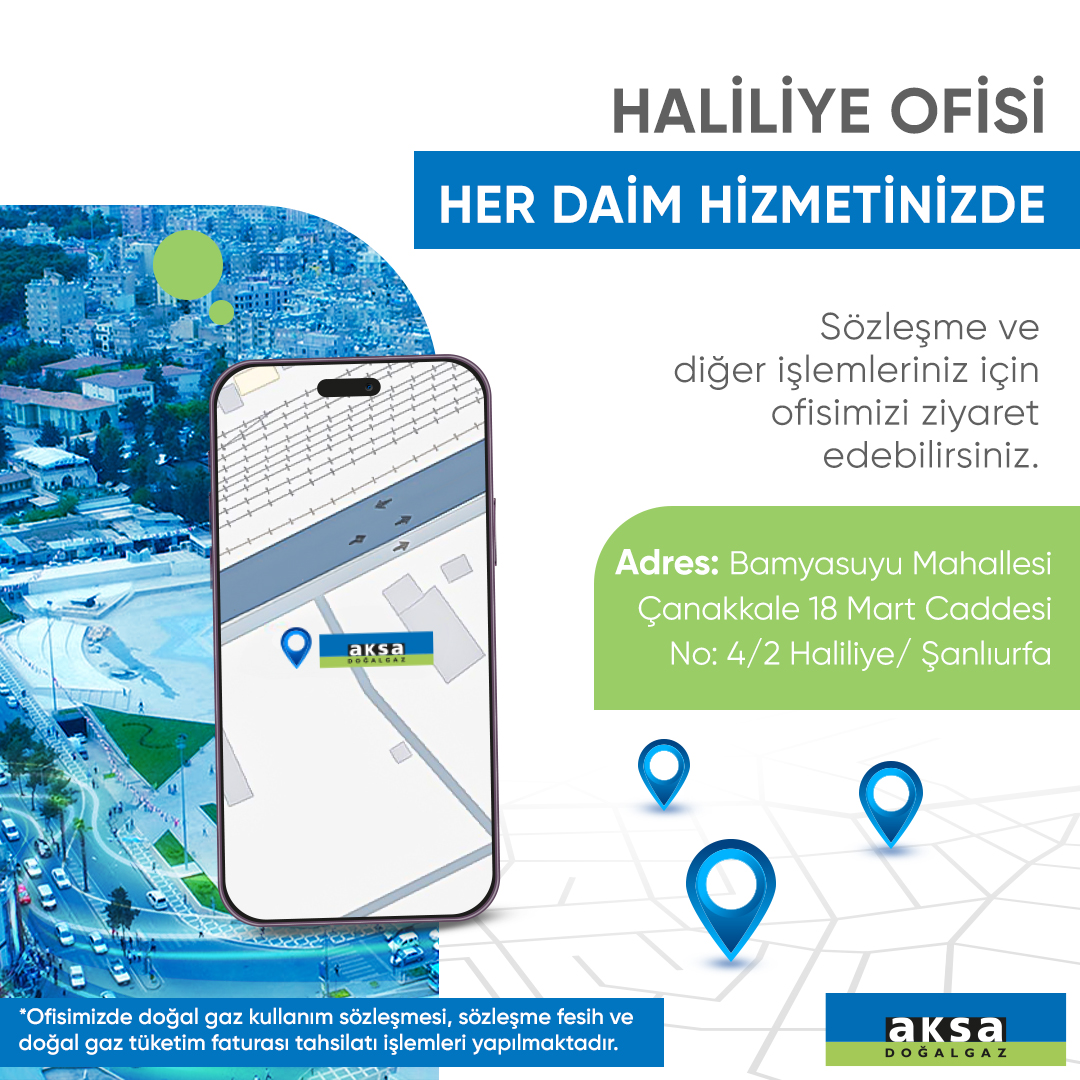 AksaSanliurfa's tweet photo. Sizlere her daim iyi hizmet verebilmek için Aksa Doğalgaz Haliliye şubemizi sözleşme ve diğer işlemleriniz için ziyaret edebilirsiniz. 
Konuma ulaşmak için tıklayınız: https://t.co/TVhnQJXMFF https://t.co/gt3xboEDSY