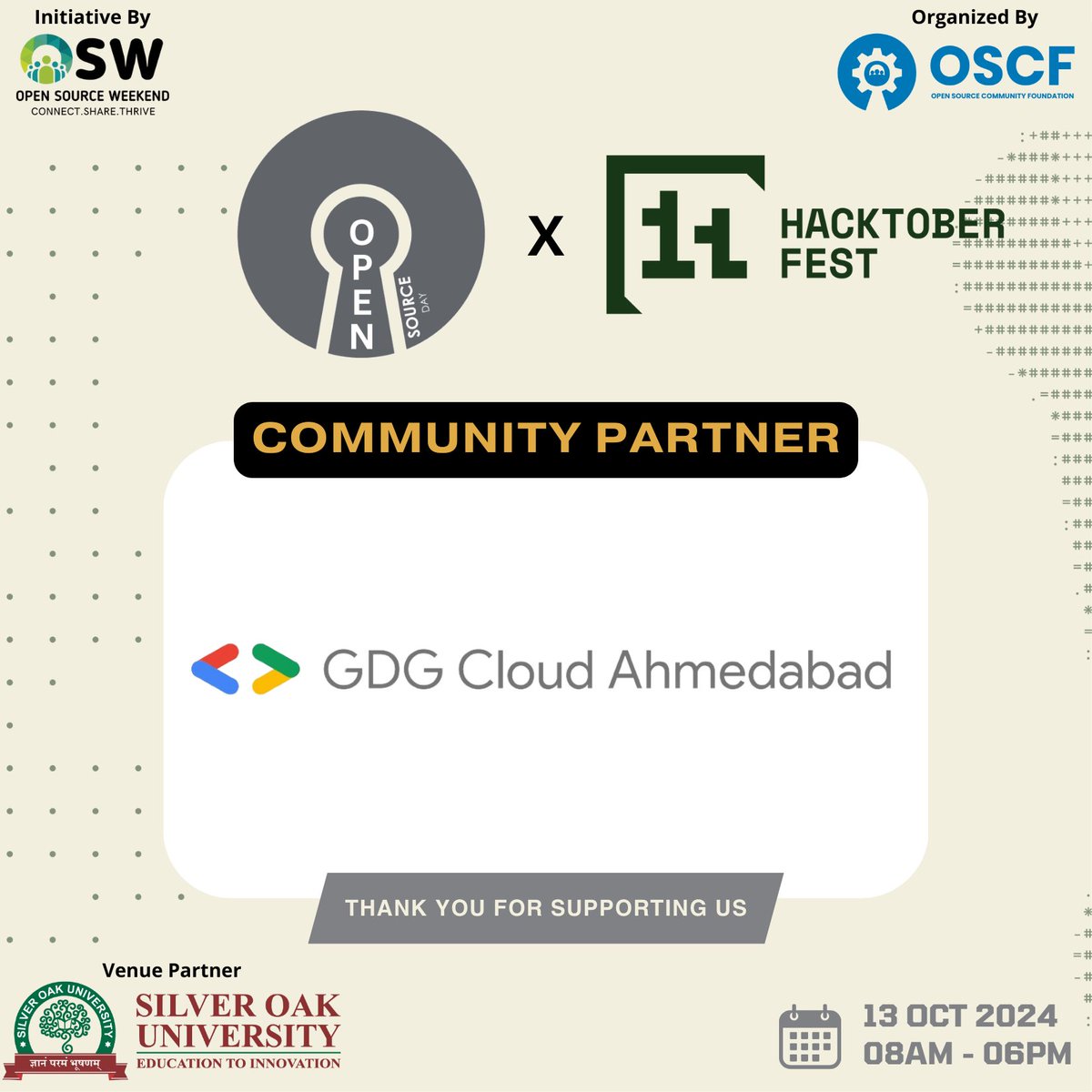Open Source Weekend (@osweekend) on Twitter photo Excited to have <a href="/GDGCloudAhm/">GDG Cloud Ahmedabad</a> as our community partner for Open Source Day x Hacktoberfest 2024! ๐
Join us at the event by registering with this link. lu.ma/8q1pkog3
Let's celebrate collaboration and innovation together! #Hacktoberfest2024 #OpenSourceDay2024 Excited to have <a href="/GDGCloudAhm/">GDG Cloud Ahmedabad</a> as our community partner for Open Source Day x Hacktoberfest 2024! ๐
Join us at the event by registering with this link. lu.ma/8q1pkog3
Let's celebrate collaboration and innovation together! #Hacktoberfest2024 #OpenSourceDay2024
