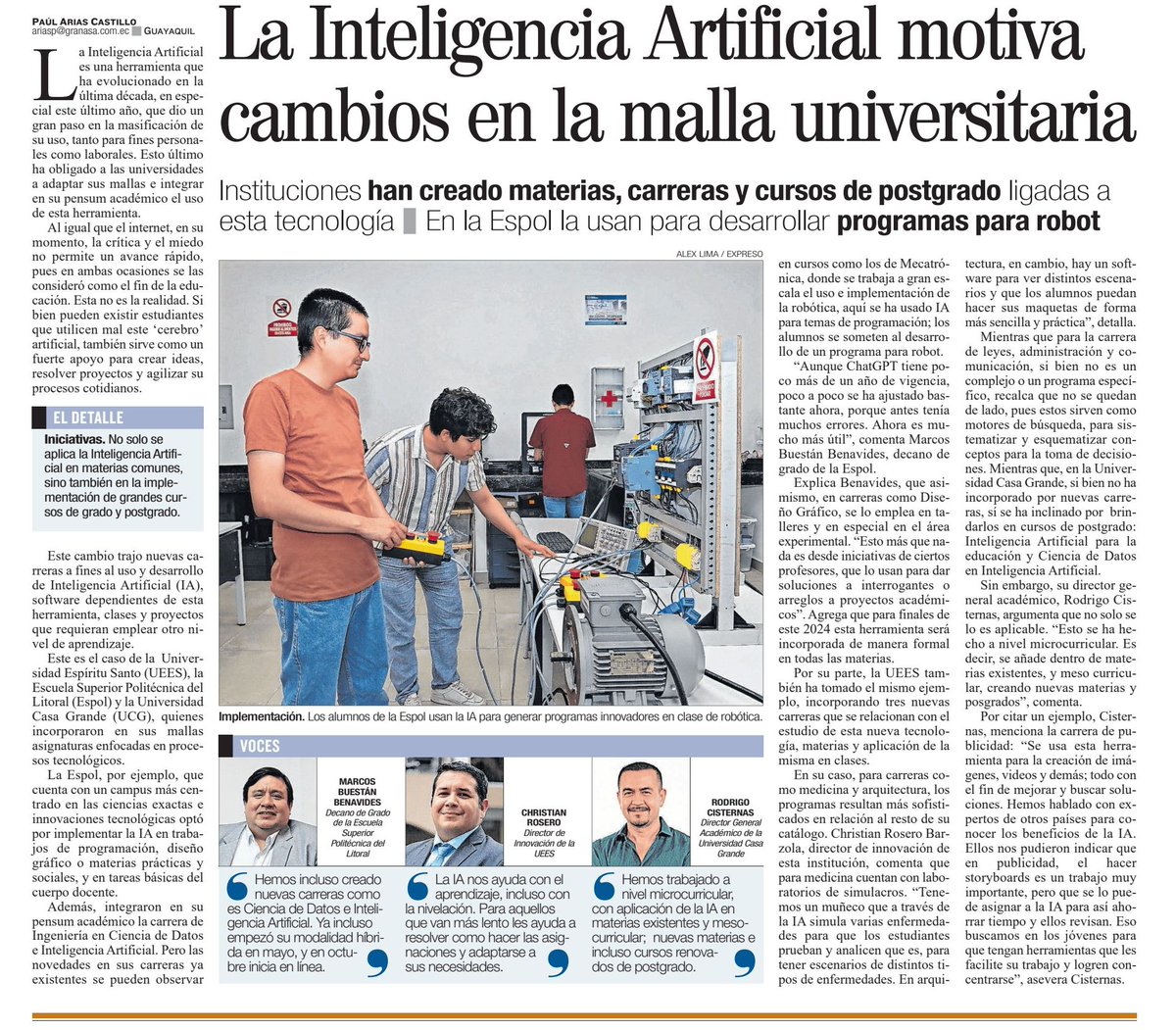 espol's tweet image. #ESPOLenlasNoticias

En el camino hacia la Transformación Digital hemos implementado la Inteligencia Artificial como una herramienta importante.  Nuestro decano de grado, Marcos Buestán, conversó con @Expresoec sobre el uso de la IA en la nueva carrera de Ingeniería en Ciencia de…