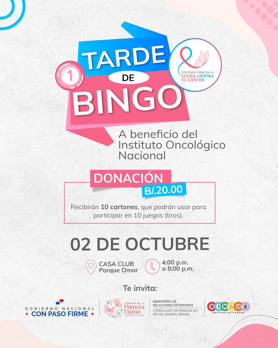 Parque Omar - Panamá (@parqueomarpma) on Twitter photo Te esperamos hoy miércoles 2 de octubre en la Casa Club desde las 4:00 p.m. hasta las 8:00 p.m., para una Tarde de Bingo en beneficio del <a href="/ioncologico/">Instituto Oncológico</a>
¡Ven a pasar una tarde divertida en familia! #BingosNacionales
¡Con Paso Firme en la Lucha contra el Cáncer! Te esperamos hoy miércoles 2 de octubre en la Casa Club desde las 4:00 p.m. hasta las 8:00 p.m., para una Tarde de Bingo en beneficio del <a href="/ioncologico/">Instituto Oncológico</a>
¡Ven a pasar una tarde divertida en familia! #BingosNacionales
¡Con Paso Firme en la Lucha contra el Cáncer!