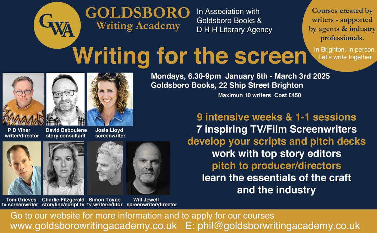 Goldsboro Writing Academy (@goldsborowa) on Twitter photo This is the big reveal for our new course starting in January - a 9 week intensive with some incredible talent from TV and Film. Writers, directors, producers and TOWIE royalty. <a href="/DHHlitagency/">DHH Literary Agency</a> <a href="/StoryMeBad/">David Baboulene - Story Consultant</a> @simontoyne @willfractured <a href="/JosieLloydbooks/">Josie Lloyd</a> <a href="/philviner/">P. D. Viner</a> <a href="/GoldsboroBooks/">Goldsboro Books</a> This is the big reveal for our new course starting in January - a 9 week intensive with some incredible talent from TV and Film. Writers, directors, producers and TOWIE royalty. <a href="/DHHlitagency/">DHH Literary Agency</a> <a href="/StoryMeBad/">David Baboulene - Story Consultant</a> @simontoyne @willfractured <a href="/JosieLloydbooks/">Josie Lloyd</a> <a href="/philviner/">P. D. Viner</a> <a href="/GoldsboroBooks/">Goldsboro Books</a>