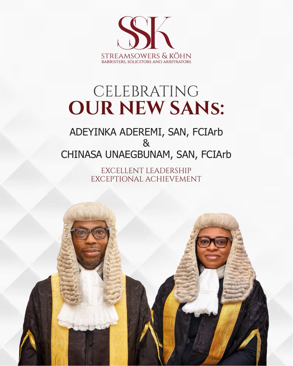 SSKohnNG's tweet image. We are proud to announce that two of our Partners, Adeyinka Aderemi and Chinasa Unaegbunam, have been sworn in as Senior Advocates of Nigeria (SAN). This conferment brings the number of our SANs to three, as they join Senior Partner, Etigwe Uwa, to sit at the Inner Bar. 

#SSK