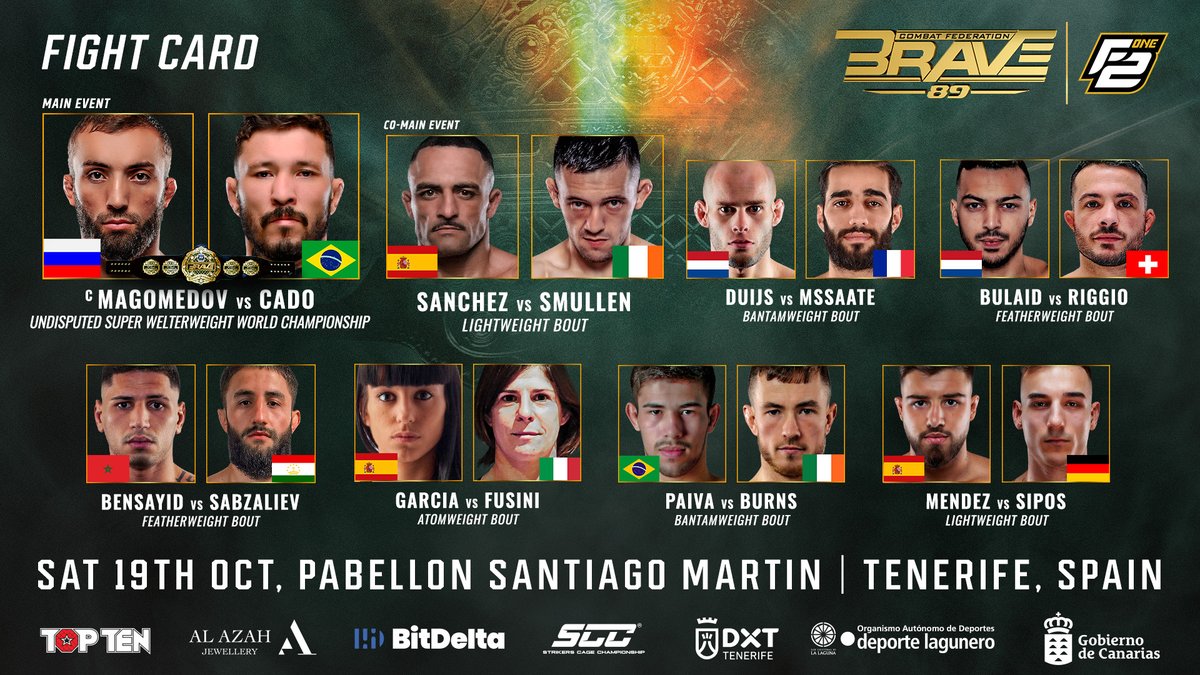 bravemmaf's tweet photo. 🚨 #BRAVECF89 x #Fight2One 7 full fight card🔥

BRAVE CF returns to Tenerife with yet another STACKED fight card, with a title fight set to headline the show!🏆

Which fight are you looking forward to the most?👀

📍Tenerife, Spain 🇪🇸 
📆 October 19, 2024

[#BRAVECF89 #F2One] https://t.co/64DWbyj7p3