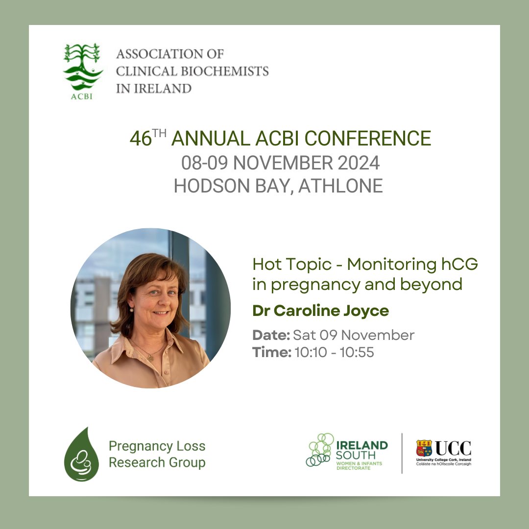 PregnancyLossUCC (@pregnancylossie) on Twitter photo The 2024 <a href="/ACBIrl/">ACBI</a> Conference takes place <a href="/Hodsonbayhotel/">Hodson Bay Hotel</a> 08-09 Nov.
Dr <a href="/carolinemjoyce/">Caroline Joyce</a> will deliver an invited talk-"Hot topic: Monitoring hCG in pregnancy and beyond"-on day two
Details/register: acbi.ie/acbi_events/46…
Read more about Caroline's work: ucc.ie/en/pregnancylo… The 2024 <a href="/ACBIrl/">ACBI</a> Conference takes place <a href="/Hodsonbayhotel/">Hodson Bay Hotel</a> 08-09 Nov.
Dr <a href="/carolinemjoyce/">Caroline Joyce</a> will deliver an invited talk-"Hot topic: Monitoring hCG in pregnancy and beyond"-on day two
Details/register: acbi.ie/acbi_events/46…
Read more about Caroline's work: ucc.ie/en/pregnancylo…