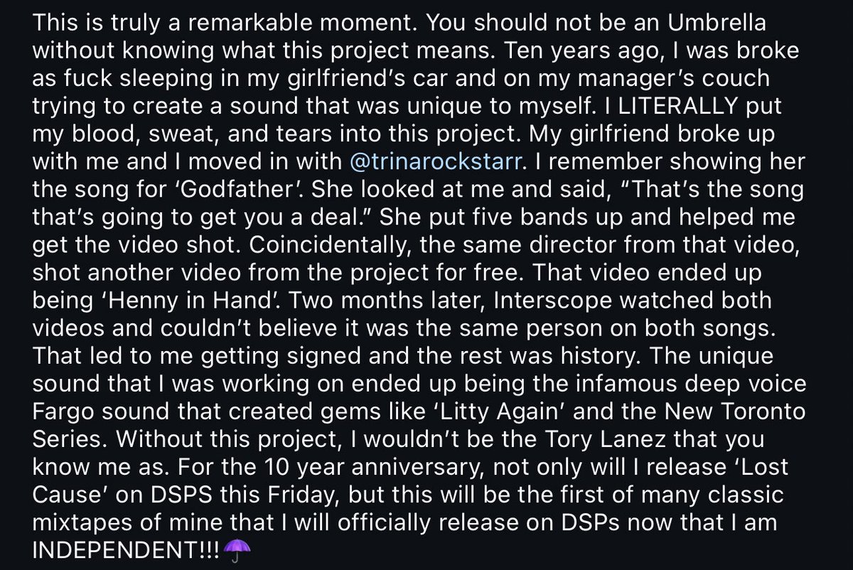 Tory Lanez has announced the re-release of ‘Lost Cause’ on all streaming platforms this Friday: ☔️