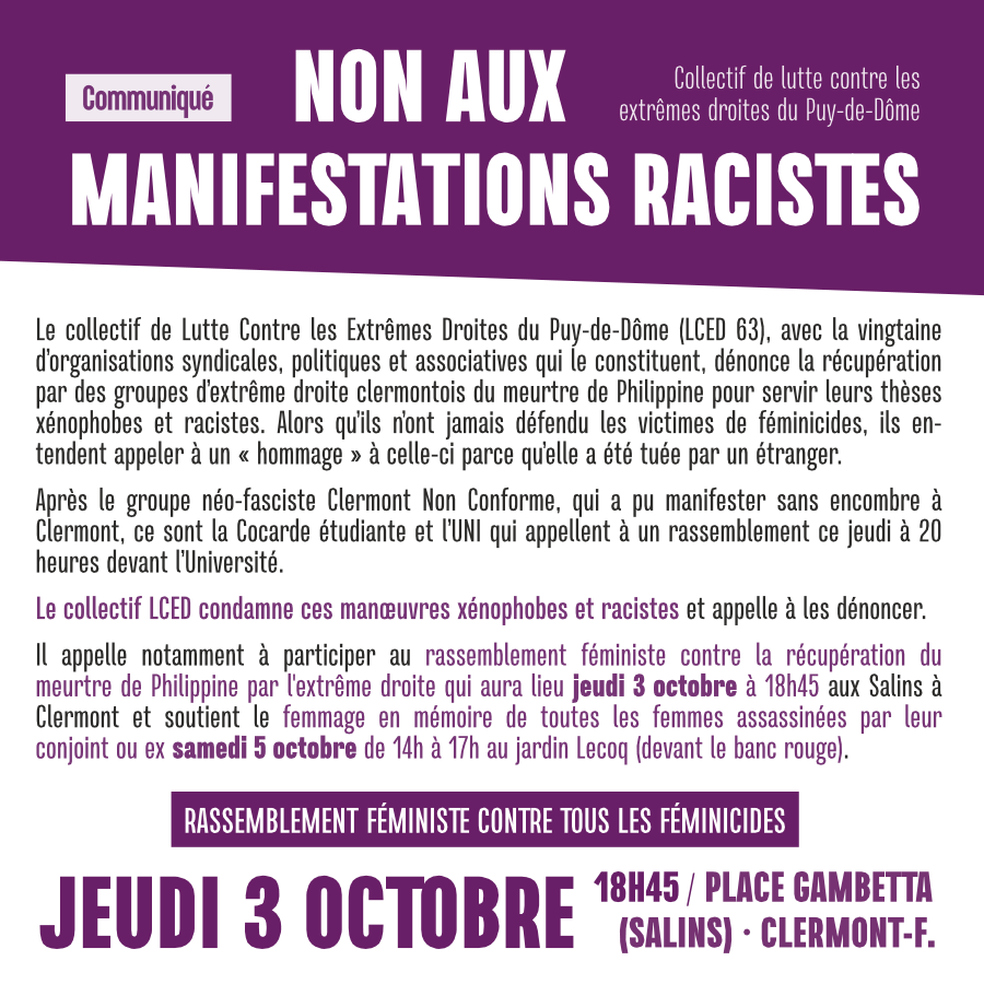 solidaires63's tweet photo. #ClermontFerrand Non aux manifestations racistes !
Nous dénonçons unitairement la récupération par des groupes d’extrême droite du meurtre de Philippine pour servir leurs thèses xénophobes et racistes.
🔴 Rassemblement jeudi 18h45 place des Salins ✊ 
https://t.co/FiSGxFNgFA https://t.co/D22zDPzizF