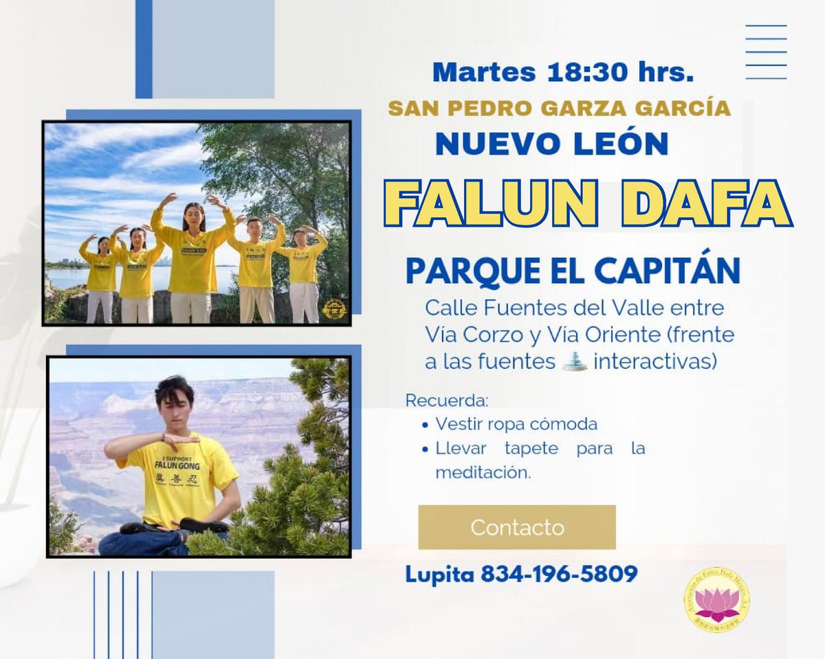 Atención Nuevo León, los esperamos para aprender juntos los ejercicios y meditación de Falun Dafa. 🧘🏻‍♀️ 💛 🧘🏻‍♂️ 
¡No falten! 
¡Actividades gratuitas! 
¡Falun Dafa Es Bueno!