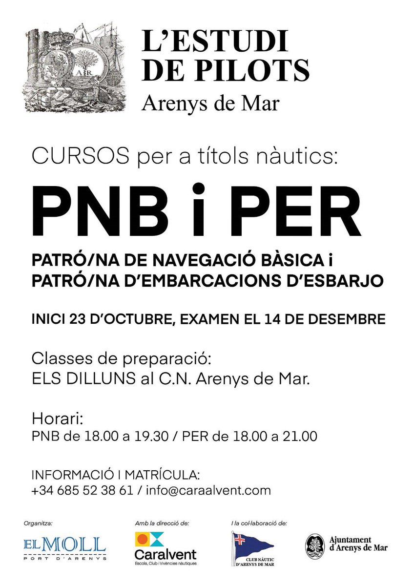 Cursos nàutics a Arenys. Per una banda el curs bàsic (grumet) de la <a href="/fccpmf/">FCCPMF</a> en tres sessions. I l’altra opció de nàutica recreativa (PNB/PEE) per l’exàmen de desembre. Un bon moment per gaudir amb formació marina. #somdemar