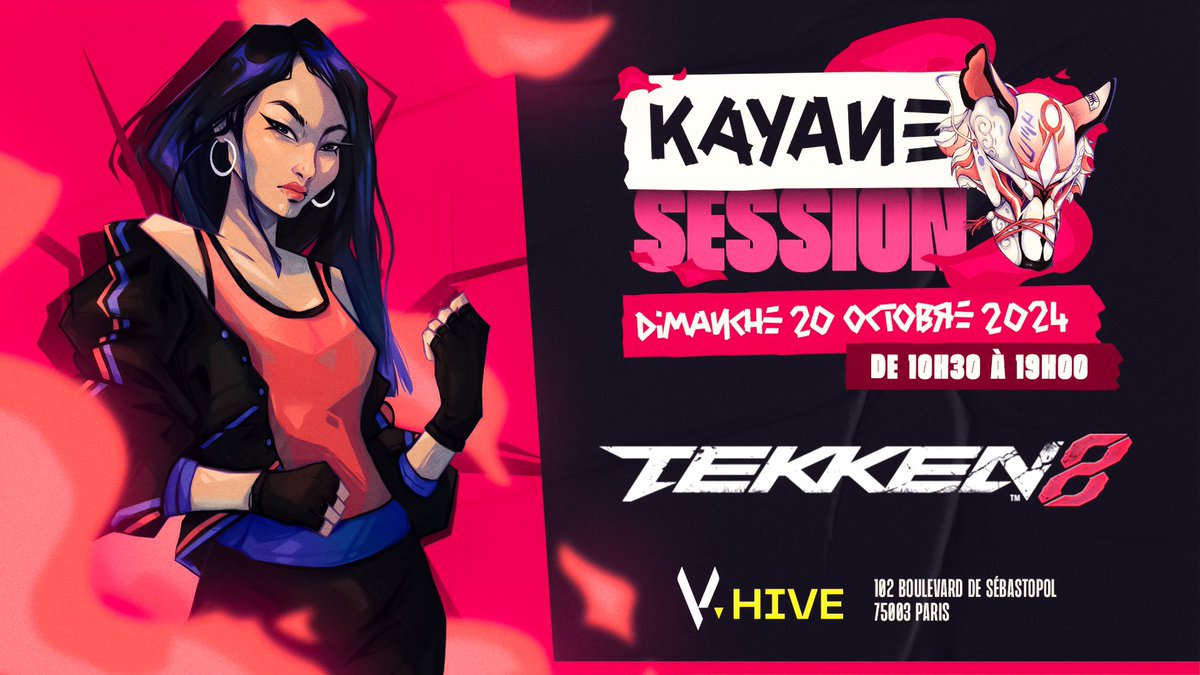 Kayane's tweet photo. ❗️ANNONCE❗️

J'organise une Kayane Session dédiée à #TEKKEN8 pour s’entraîner à fond sur le nouveau patch ! 🔥

📆 Dimanche 20 Octobre 2024
🕦 10h30-19h
📍 V. Hive, 102 Boulevard de Sébastopol, 75003 Paris 

🎁 Tirage au sort à la fin avec des dotations à gagner : Stick Arcade, Pro Controller et Casque RIG…par @NaconFR

Inscriptions ➡️ https://t.co/EhNjTFOXzw

Ce n'est pas un tournoi mais que du Freeplay pour jouer sans la pression de la compet 👍 ! Accessible à tous les niveaux pour progresser ensemble ! 

N'oubliez pas de venir avec votre manette / stick arcade / leverless…

Nous serons sur PC, les manettes PS5, XBOX sont bien compatibles ! (prenez bien votre câble)

Hâte de vous retrouver pour doser 👊