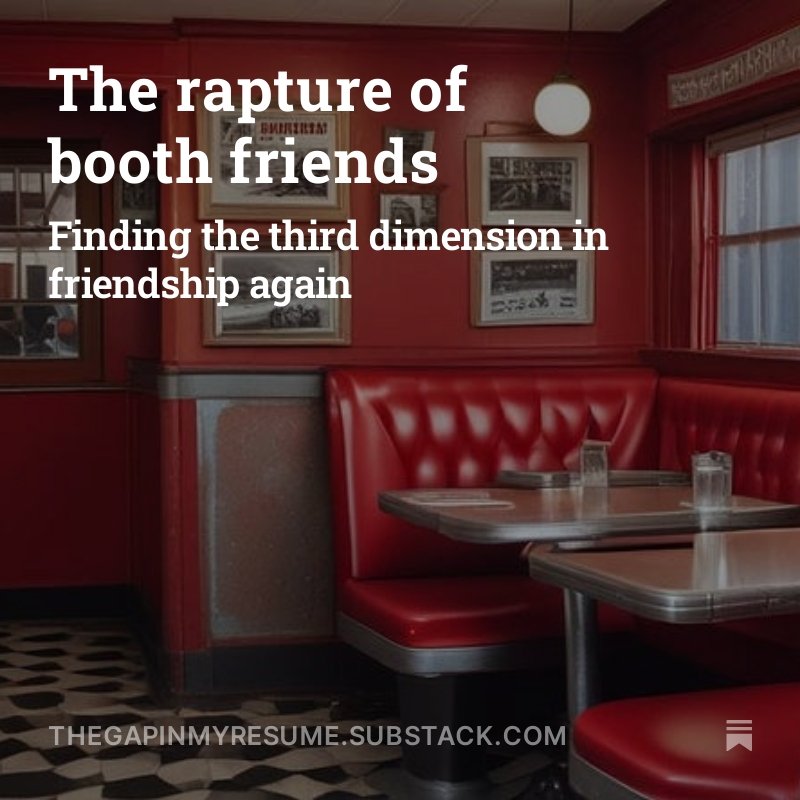 i wrote about how friendship has evolved alongside the internet and how much i miss having booth friends. it's the first thing i've written in 5 years and i'm excited to share it! thegapinmyresume.substack.com/p/booth-friends