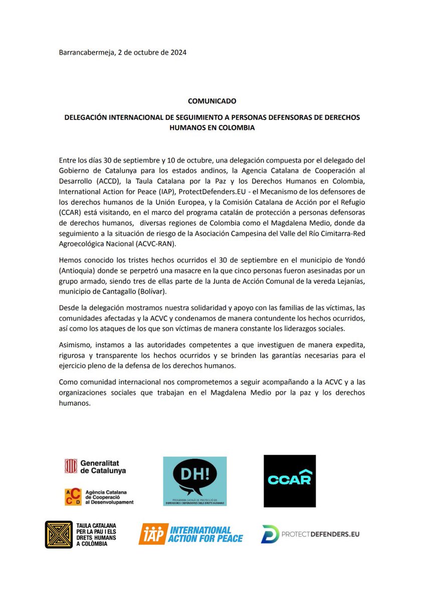 IAP_ActionPeace's tweet photo. 🔴 Desde IAP, condenamos la masacre en Yondó y expresamos nuestra solidaridad con las víctimas y sus familias. Como parte de la delegación internacional instamos a las autoridades a investigar y garantizar la protección de las personas defensores de los derechos humanos en #Colombia. 

#SeguimosAcompañando