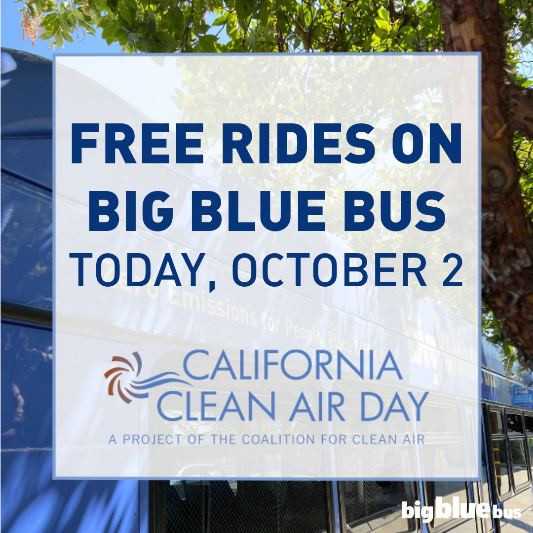 SMBigBlueBus's tweet photo. #BBB riders can enjoy FREE RIDES today, Wednesday, October 2, in celebration of the 7th annual #CaliforniaCleanAirDay!💙

Reducing gas consumption by just one gallon prevents 20 pounds of harmful greenhouse gas emissions from being released into the atmosphere!  🚍Take the @CleanAirDay pledge to reduce your driving and give sustainable alternatives a try! [Link in bio]

¡Los pasajeros de #BBB pueden disfrutar de VIAJES GRATUITOS hoy, miércoles 2 de octubre, para celebrar el 7 #CaliforniaCleanAirDay anual!

Reducir el consumo de gasolina en tan sólo un galón evita que se liberen a la atmósfera ¡20 libras de emisiones nocivas de gases de efecto invernadero! ¡Acepte el compromiso del @CleanAirDay para reducir su conducción y pruebe alternativas sostenibles! [Enlace en bio]

#SoCalTransitWeek #SustainableTravel #CoalitionforCleanAir #CleanAirDayCA