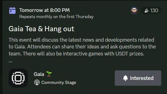 Aishie_Talks's tweet photo. Inviting y'all to join us for a fun-filled event on the @Gaianet_AI dc server tomorrow! We'll discuss the GDN minting process and the latest news from Gaia. Plus, interactive games with a prize pool of 200 USDT.✨ 

I'm one of the host; check out the link below.
#GaiaNetAI https://t.co/6jNPUwyFTK