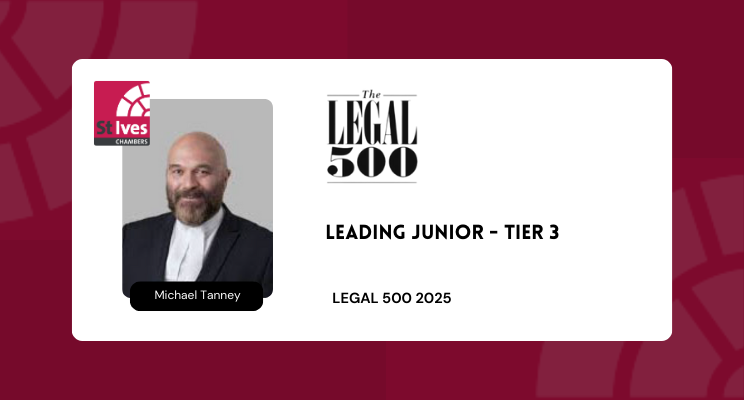 Congratulations to Michael Tanney who has been ranked as a Tier 3 Leading Junior in the Legal 500 2025 directory.

To view their profile please visit: stiveschambers.co.uk/barristers/mic…