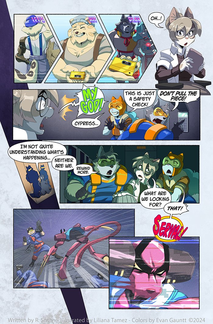 New STORMWOLVES 
stormwolvescomic.com/comic/109

Let's hit play ♻️

Written by <a href="/RyanComics/">ryancomics.bsky.social</a>
Art by <a href="/LehiColmillos/">LehiColmillos (WORKING ON COMMS)</a>
Flats by <a href="/ManOrCatman/">Brandon Zuckerman</a>
Colors by @evangauntt

Patreon✨️
patreon.com/ryancomics