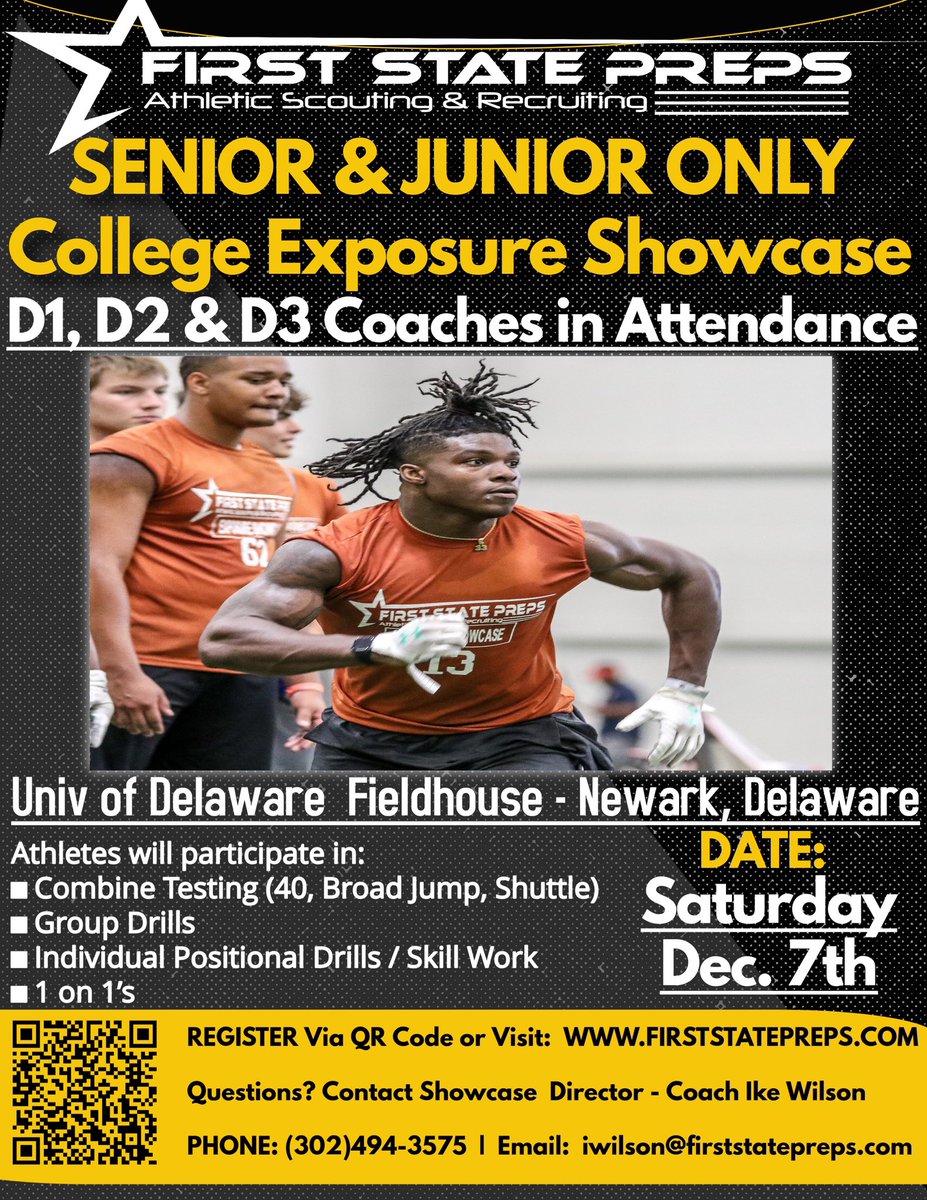 Uncommitted Seniors / Rising Juniors Exposure Showcase

✅ Saturday, Dec 7th 2024 (10am-3pm)

✅Location: University of Delaware Fieldhouse 

✅Check link for further details or to register: tickettailor.com/events/fspcoll…

We expect 20+ college programs in attendance- D1,D2,D3, Juco
