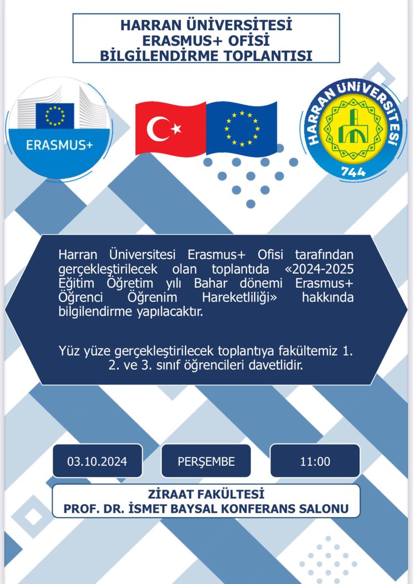 📢 2024-2025 Bahar dönemi Erasmus+ Öğrenci Öğrenim Hareketliliği bilgilendirme toplantısına öğrencilerimiz davetlidir!
📅 3 Ekim 2024, Perşembe - 11:00
📍 Ziraat Fakültesi Prof. Dr. İsmet Baysal Konferans Salonu