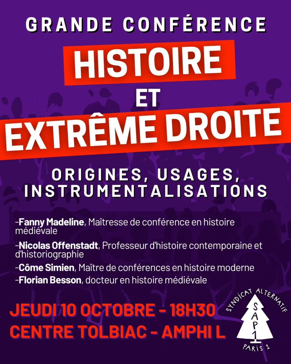 collectifcheh's tweet photo. 🚨 Grande conférence du @SAParis1_ jeudi 10 octobre à Tolbiac ! 

Venez nombreux·ses pour échanger avec Fanny Madeline, @Offenstadt, @ComeSimien et Florian Besson de @AgeMoyen, et mener le combat contre l’extrême droite à l’université et dans la société ! ✊ https://t.co/7pZ2lVwNQd