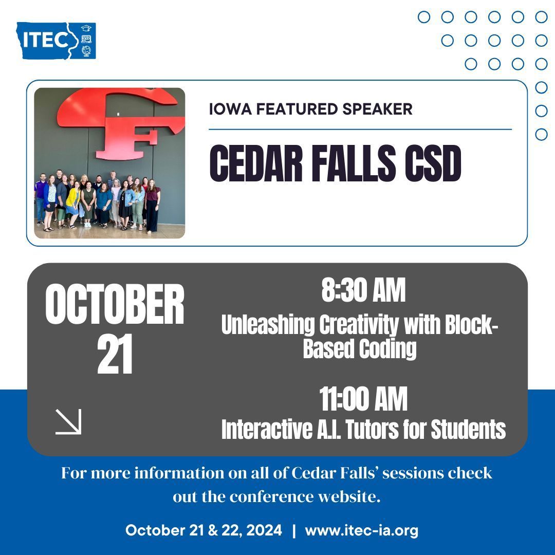 itec_ia's tweet photo. 🤔 Block-Based Coding
🤔 Interactive AI Tutors

🗣 Our Featured District @CF_schools has some great sessions for you
ℹ️ Session Details: https://t.co/XMDT4f8HTJ 

⏰ Still time to register
🔗 https://t.co/P1ug8vgfKv 

#itecia #edtech #education #CS4IA #CSforIA https://t.co/nKQIih8LTo