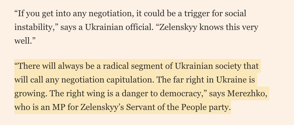 A parliamentarian from Zelensky's party tells the Financial Times that Ukraine's "radical" ultra-nationalists are a major obstacle to diplomacy and a "danger to democracy":

“There will always be a radical segment of Ukrainian society that will call any negotiation capitulation.