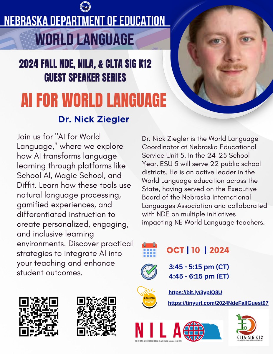 Join us on Saturday, October 10th, from 10:00 to 11:30 AM (CT) for "AI for World Language" with Dr. Nick Ziegler! Learn how to use AI to enhance your teaching. 
Register here:
🔗 bit.ly/3ypIQ8U
🔗 tinyurl.com/2024NdeFallGue…
<a href="/SenorZiegler/">Nick Ziegler</a> <a href="/NDE_News/">NDE NEWS</a> <a href="/Guanlaoshihao/">Guan Chunmei</a> <a href="/ESUCC/">ESUCC</a>