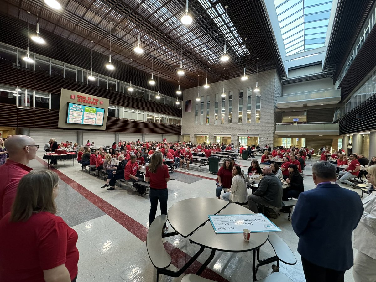 Our <a href="/NCHSOFFICIAL/">Naperville Central</a> Redhawk educator community wore red &amp; gathered together this morning to celebrate our National Blue Ribbon School of Excellence award. This is national recognition of the strength, dedication &amp; quality of the Central staff. Thank you!  #RedhawkPride #Elevate203