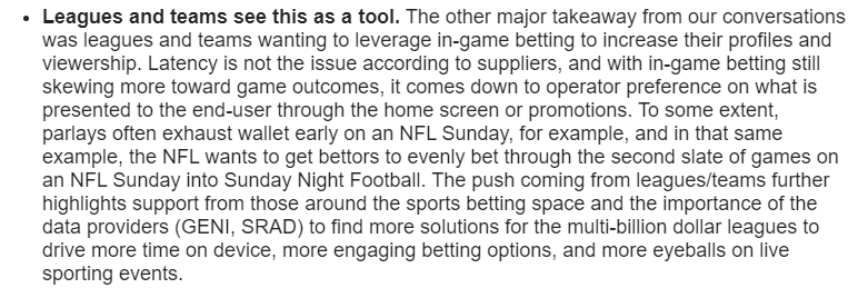Citizens JMP Securities note predicts that U.S. in-play sports betting will be a $14 billion revenue opportunity by 2030 and says that leagues see it as "tool" to boost viewership. 

"To some extent, parlays often exhaust wallet early on an NFL Sunday, for example..."