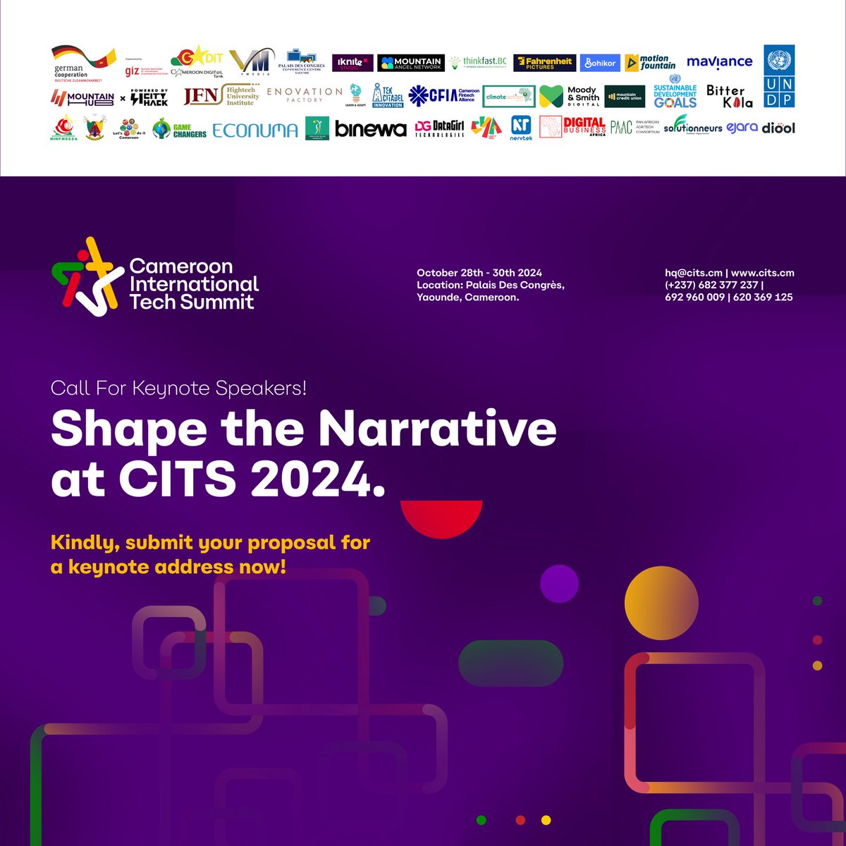 #CITS24 is calling YOU to be part of the conversation that transforms industries, ignites innovation, and reshapes the future! 🌍✨

💡 Submit Your Proposal NOW!
citscm.com/cits24-speaker…

#cits24 #tech #innovation #startup #Cameroon #sustainability #giz #pnudcameroun #mountainhub