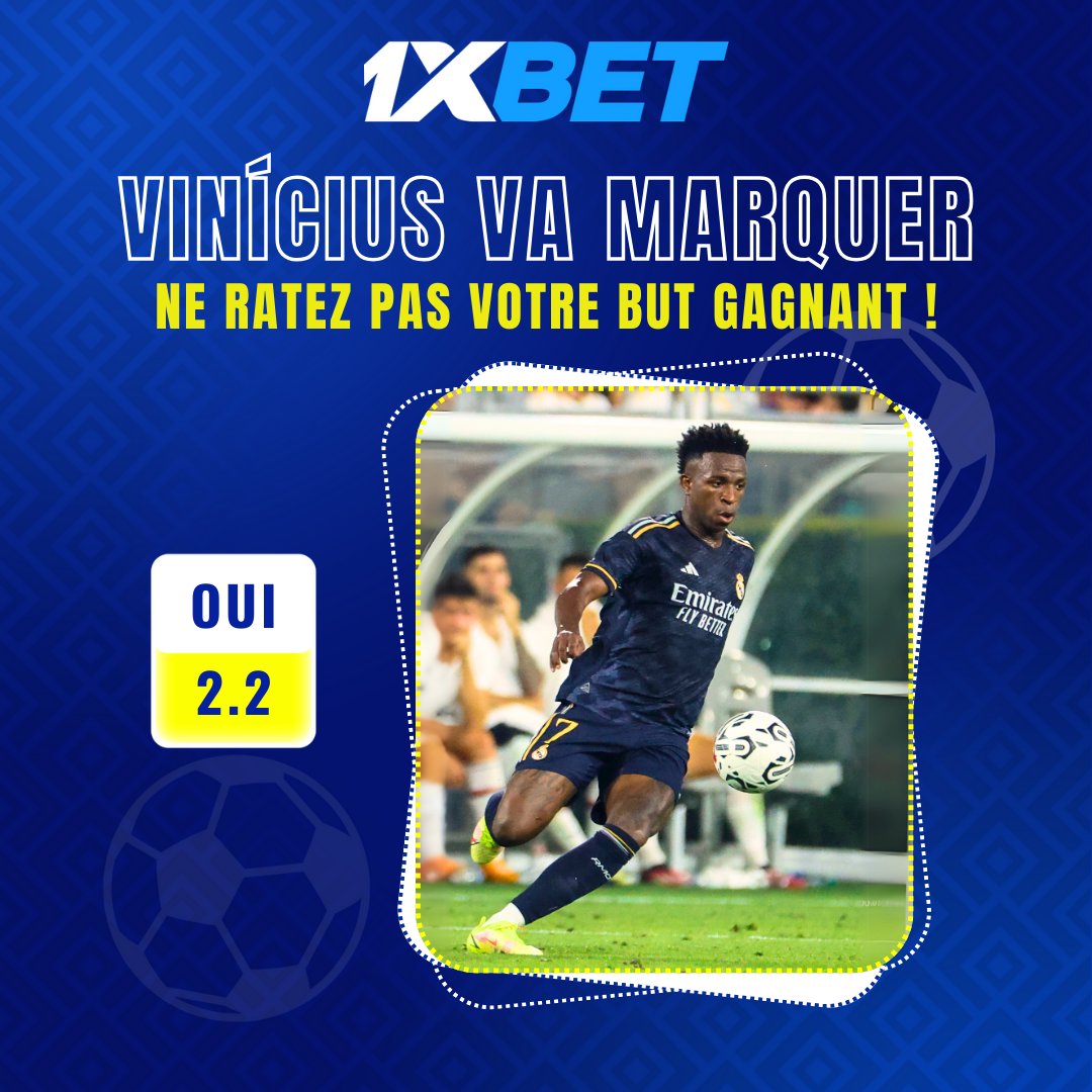 1xbet_ci's tweet photo. ⚽ Lille vs Real Madrid – Pariez sur Vinícius Júnior pour marquer ! 🔥  

Vinícius est en feu cette saison, avec une cote de 2,2. Sa vitesse et sa finition en font une menace majeure en attaque. Ne ratez pas votre chance – pariez maintenant ! 💥 
 
 #1xBet #LilleReal https://t.co/WblSUCpX7s
