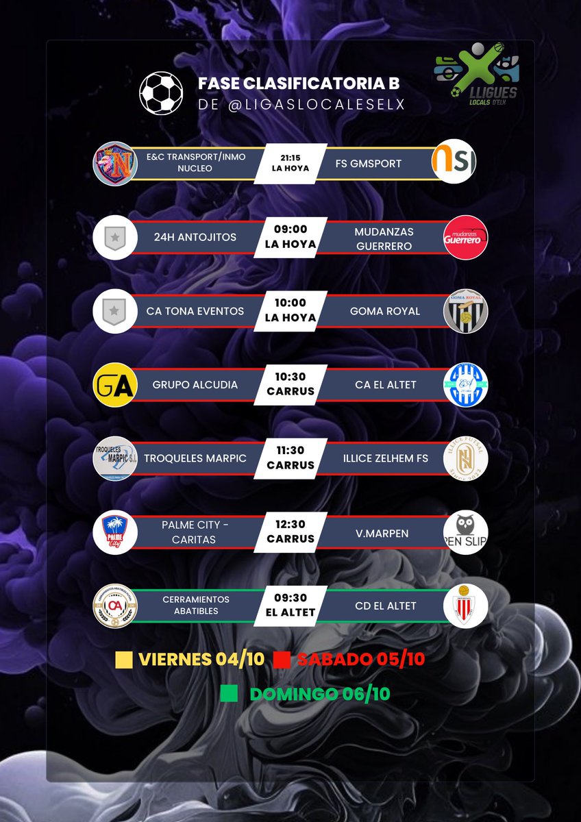 Todo listo para que arranque a rodar en balón en @ligaslocaleselx .

Os presentamos la nueva modalidad de horarios‼️

Jornada 1 de la fase clasificatoria, GRUPO B👀⚽️