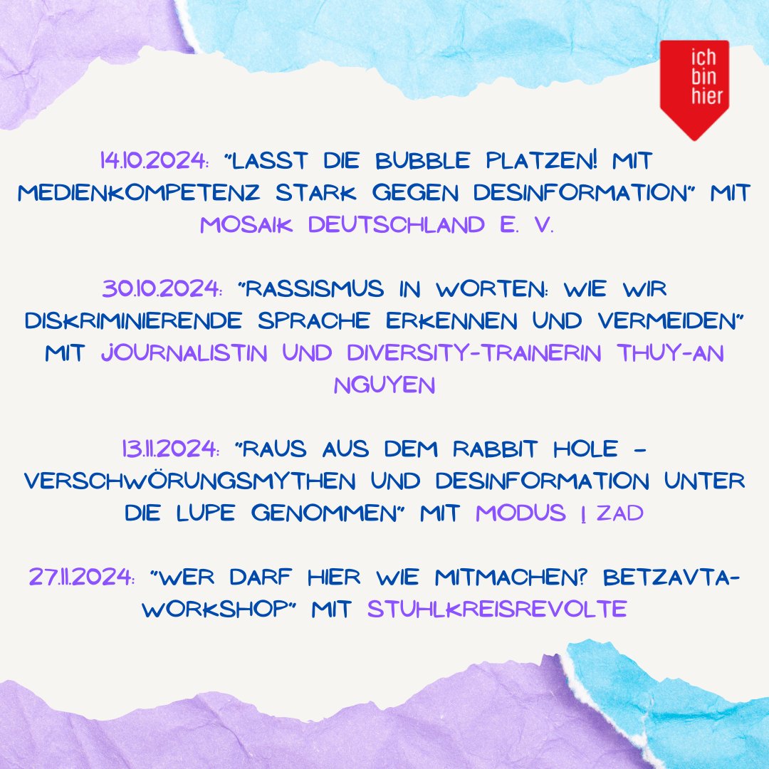 Bald startet unsere Veranstaltungsreihe, also save the dates und stay tuned, denn bald gibt es mehr Infos und die Möglichkeit zur Anmeldung. Wir freuen uns auf euch!

#Demokratie #Vielfalt