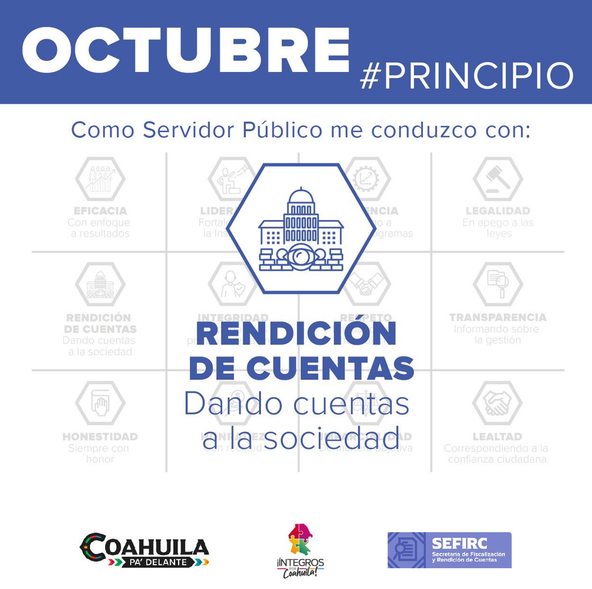 SEFIRC_COAH's tweet photo. Como parte de las acciones del Comité de Ética de la Secretaría de Fiscalización y Rendición de Cuentas, encaminadas a generar una cultura de ética e integridad, este mes de octubre, promovemos el #PrincipioDeRendiciónDeCuentas 

#CoahuilaPaDelante #APasosDeGigante https://t.co/UZPA1EDJ6Y