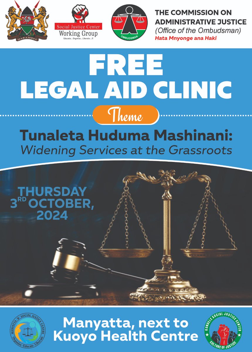 Manyatta B Social Justice Centre -(MBSJC) (@manyattabsjc) on Twitter photo Come one Come all !
Tomorrow the 3rd October 2024 next to Kuoyo Health Centre in Manyatta B Ward is the place to be as from 9am!
<a href="/KenyasOmbudsman/">Ombudsman Kenya</a>
<a href="/giz_gmbh/">GIZ</a>
<a href="/AmnestyKenya/">Amnesty Kenya</a> <a href="/Article43Rights/">Article 43 Committee ( SJCWG)</a>
<a href="/HakiAfrica/">HAKI Africa</a> <a href="/HakiKNCHR/">KNCHR</a> <a href="/UhaiWetu/">Social Justice Centres Working Group</a> <a href="/DefendersKE/">@Defenders Coalition 🇰🇪</a> <a href="/pbikenya/">Peace Brigades International - Kenya</a> <a href="/WKodula/">Willy Kodula</a> Come one Come all !
Tomorrow the 3rd October 2024 next to Kuoyo Health Centre in Manyatta B Ward is the place to be as from 9am!
<a href="/KenyasOmbudsman/">Ombudsman Kenya</a>
<a href="/giz_gmbh/">GIZ</a>
<a href="/AmnestyKenya/">Amnesty Kenya</a> <a href="/Article43Rights/">Article 43 Committee ( SJCWG)</a>
<a href="/HakiAfrica/">HAKI Africa</a> <a href="/HakiKNCHR/">KNCHR</a> <a href="/UhaiWetu/">Social Justice Centres Working Group</a> <a href="/DefendersKE/">@Defenders Coalition 🇰🇪</a> <a href="/pbikenya/">Peace Brigades International - Kenya</a> <a href="/WKodula/">Willy Kodula</a>