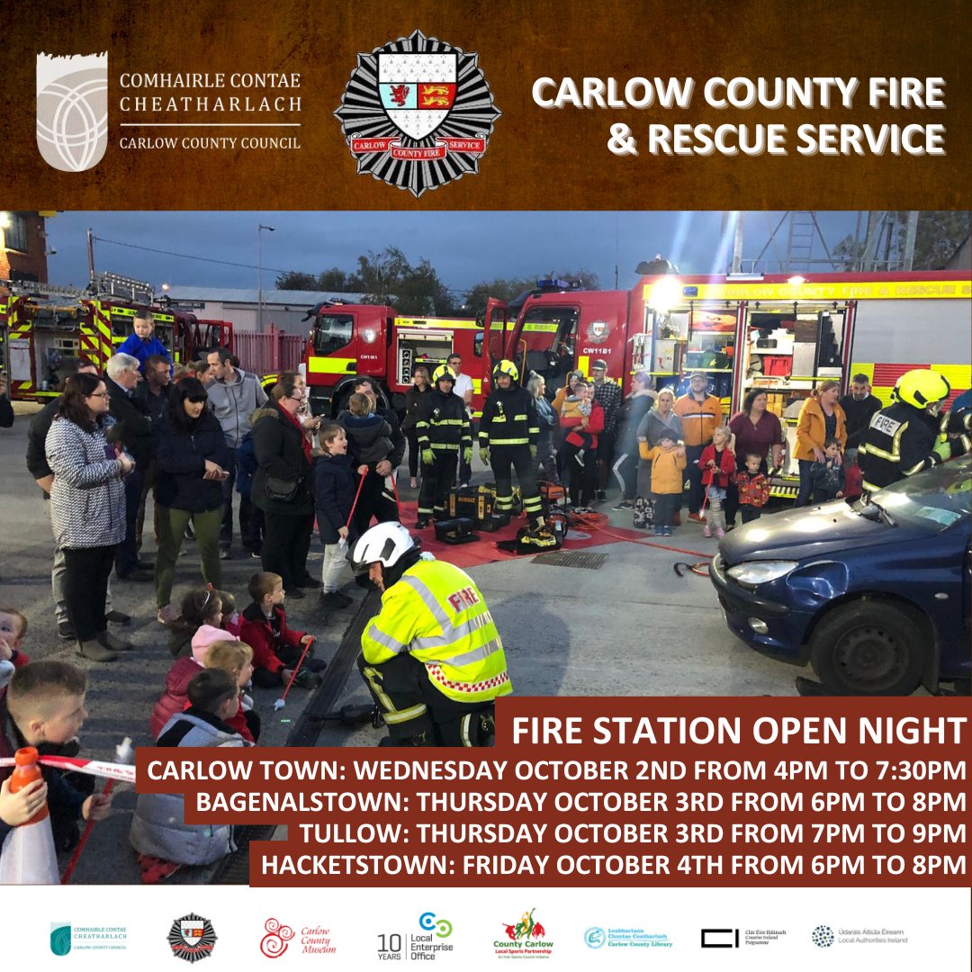 CarlowCountyCouncil (@carlow_co_co) on Twitter photo As part of #FireSafetyWeek, Carlow County Fire Service are holding an open night in each Fire Station at:
Carlow Town: OCT 2 from 4pm to 7:30pm
Bagenalstown: OCT 3 from 6pm to 8pm
Tullow: OCT 3 from 7pm to 9pm
Hacketstown: OCT 4 from 6pm to 8pm.
All welcome!
<a href="/CarlowFire/">Carlow County Fire and Rescue Service</a> As part of #FireSafetyWeek, Carlow County Fire Service are holding an open night in each Fire Station at:
Carlow Town: OCT 2 from 4pm to 7:30pm
Bagenalstown: OCT 3 from 6pm to 8pm
Tullow: OCT 3 from 7pm to 9pm
Hacketstown: OCT 4 from 6pm to 8pm.
All welcome!
<a href="/CarlowFire/">Carlow County Fire and Rescue Service</a>