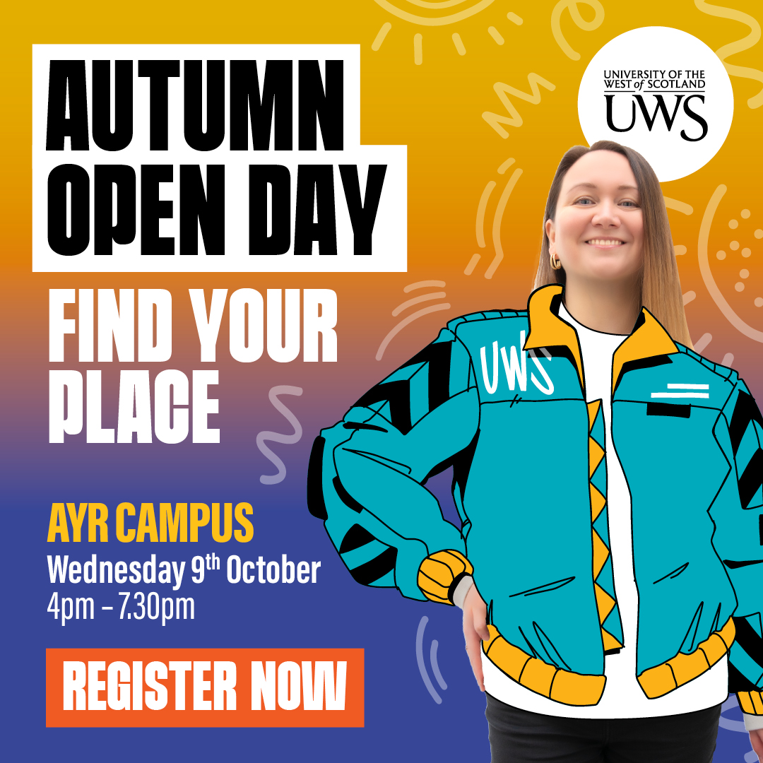 There's one week until our Undergraduate Open Day at our beautiful Ayr campus! Join us on Wednesday 9 October and explore our courses, connect with academics, and get a feel for #LifeAtUWS. Register now!

👉 eventbrite.co.uk/e/uws-undergra…