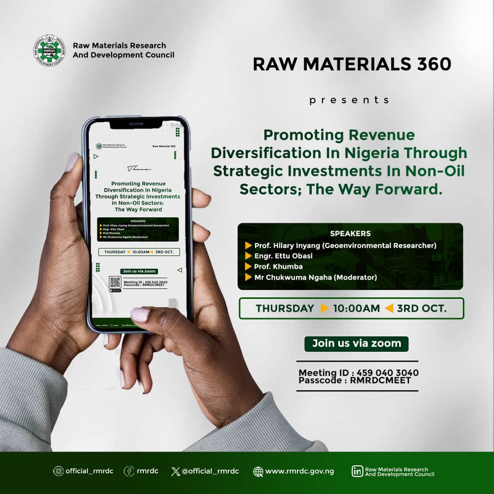 RMRDC is inviting you to a scheduled Zoom meeting.

Topic: Promoting Revenue Diversification in Nigeria Through Strategic Investments in Non-Oil Sectors; The Way Forward

Date: Thursday October 3rd, 2024

Time: 10:00am Africa/Lagos