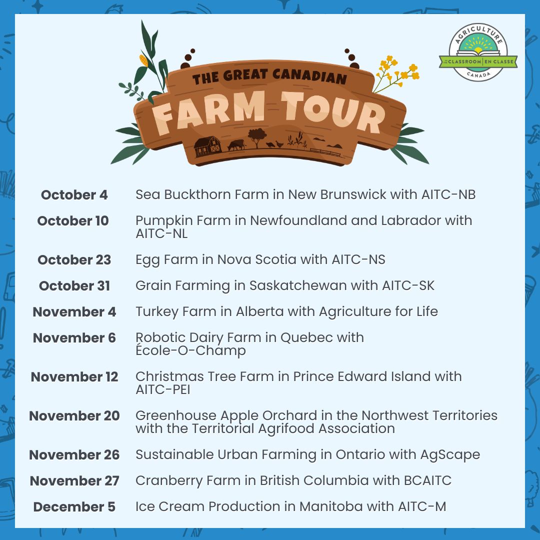 The first stop of the Great Canadian Farm Tour is FRIDAY!

Don't miss out, register now to virtually visit farms in each of the provinces across Canada! Register for one, or ALL! 

In English and French, register at: bit.ly/GCFTseason4

#AITCSK #GCFT #GCFT4