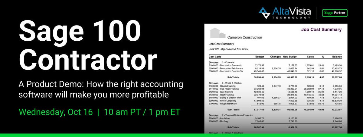 Beyond basic accounting: #Sage100Contractor offers a comprehensive solution for growing contractors. Streamline your projects, eliminate manual processes, and simplify reporting with built-in #JobCosting. 

Join our webinar to learn more 👉 hubs.la/Q02Q6Y2N0