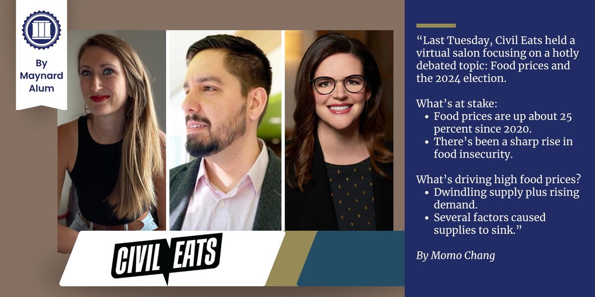 MaynardInst's tweet photo. Over at her new position as Senior Editor of @CivilEats, #Maynard200 alum Momo Chang (@_momo_chang) compiled points from this discussion on inflation, price gouging, and the cost of food to American consumers. Read more: https://t.co/MDlMjCIQ6R https://t.co/5qZrThqv3a