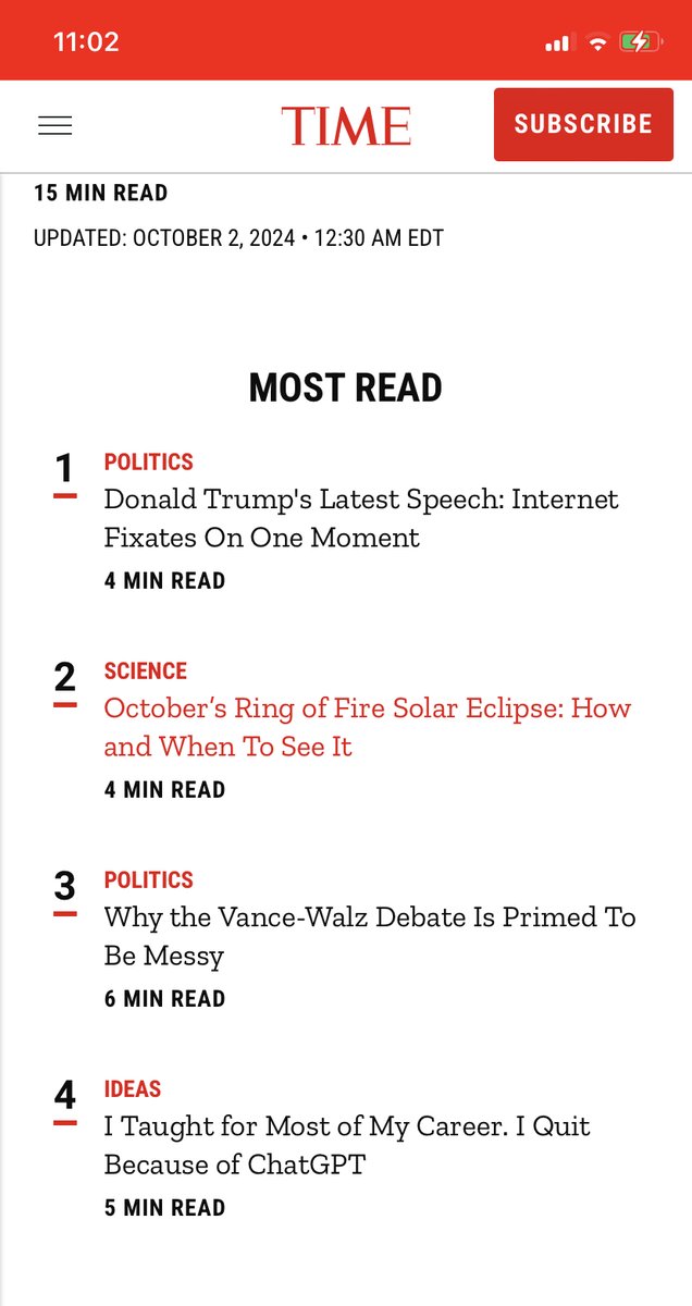 My piece for <a href="/TIME/">TIME</a> on teaching and generative AI is now one of the most read--- clearly resonating with other educators. Thanks to those of you who have read and reflected-- I've learned a lot from the responses including... (1/4)