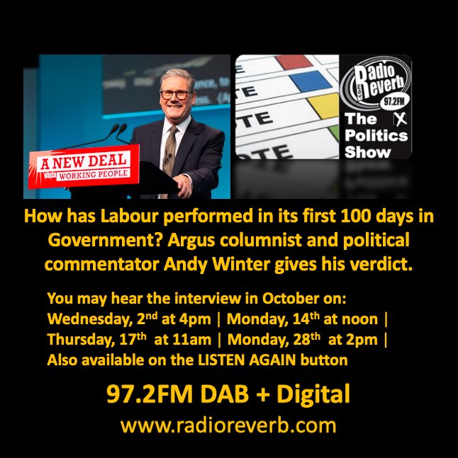Stand by for ⁦⁦@radioreverb⁩ Politics Show is about to broadcast. With the help of columnist and political commentator ⁦<a href="/AndyWinterBN1/">Andy Winter</a>⁩ we analyse ⁦<a href="/UKLabour/">The Labour Party</a>⁩’s first 100 days in office