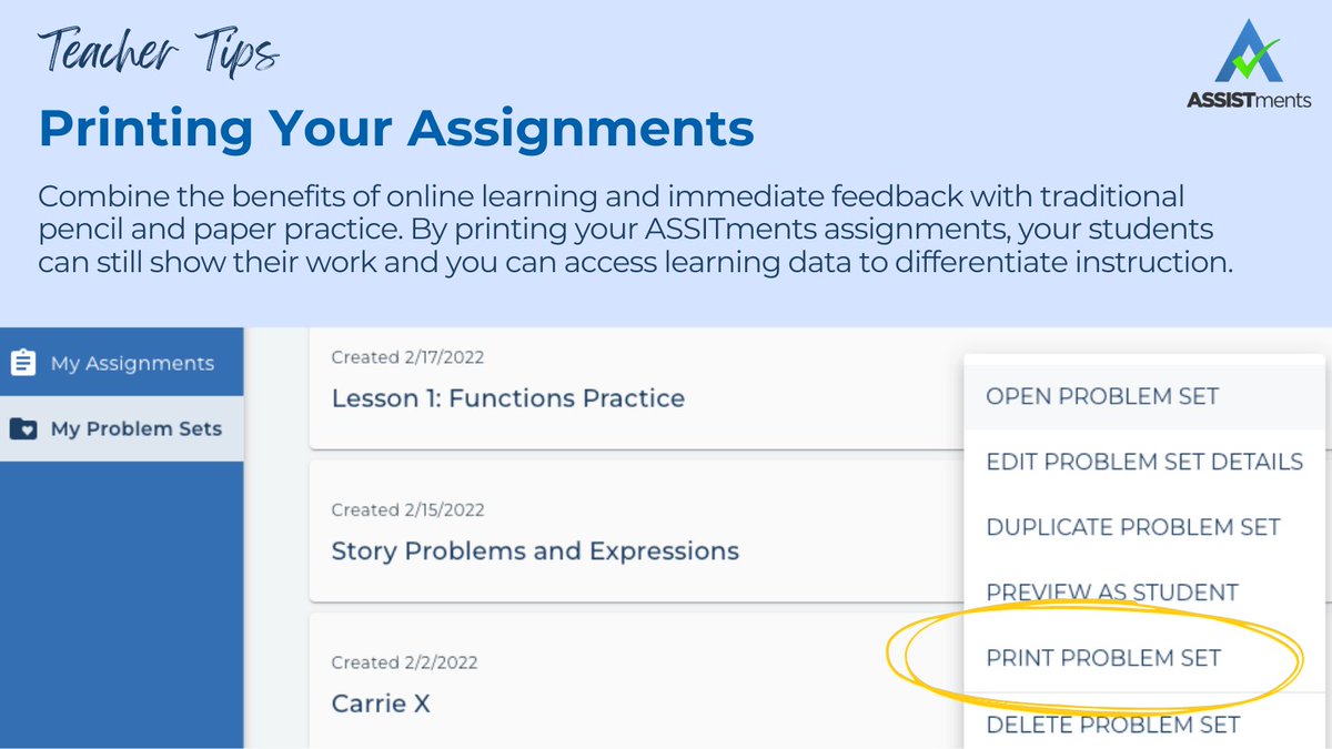 assistments's tweet image. ✏️ Prefer paper and pencil practice? ASSISTments allows you to print assignments, ensuring all students can engage with the material and show their math thinking! #EdTech #MathTeaching
