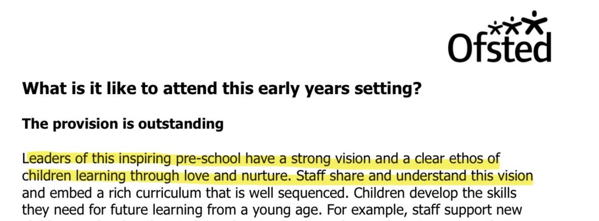 It’s heartening to see that even Ofsted can see how Love and Nurture can make such a difference in an EYs setting for children. I was sent this by a colleague who has just had their inspection done and the report is out. 👍