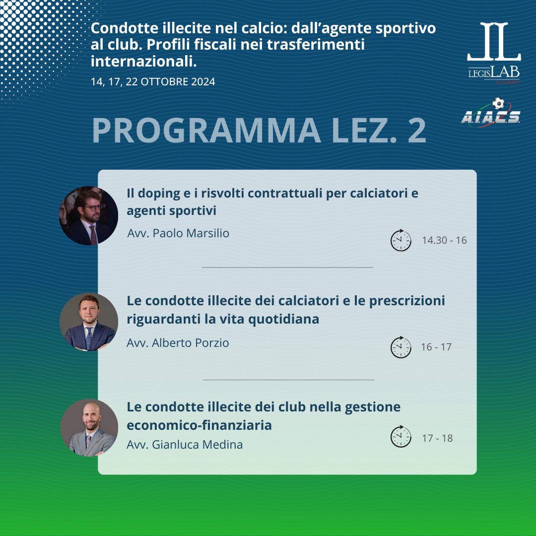 LegisLABAcademy's tweet photo. PROGRAMMA
“Condotte illecite nel calcio: dall’agente sportivo al club. Profili fiscali nei trasferimenti internazionali”

Registrati ora 👉🏻 https://t.co/kd5xWqEmp3

#legislabacademy #aiacs #agents #figc #course #training #footballplayers #updatecourse @AiacsInfo https://t.co/ogbualgWkh