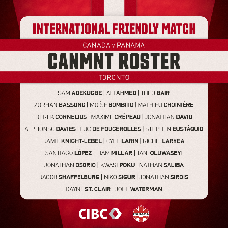 CANMNT_Official's tweet photo. Your 26 Player Squad for October 🍁

Tickets for Canada's friendly in Toronto vs. Panama start at just $25 (plus applicable fees): https://t.co/sagEgttFiT

#CANMNT | @CIBC