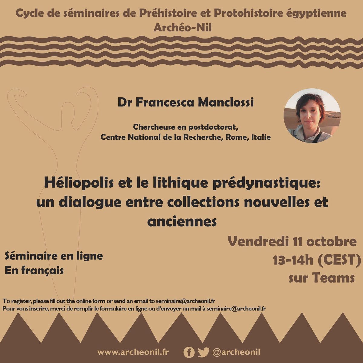 ArcheoNil's tweet image. 📆 Our next lecture will be on October 11th, at 1 p.m. ! It will be presented by Dr Francesca Manclossi.
📝 Register with our link (docs.google.com/forms/d/e/1FAI…) or by contacting seminaire@archeonil.fr.